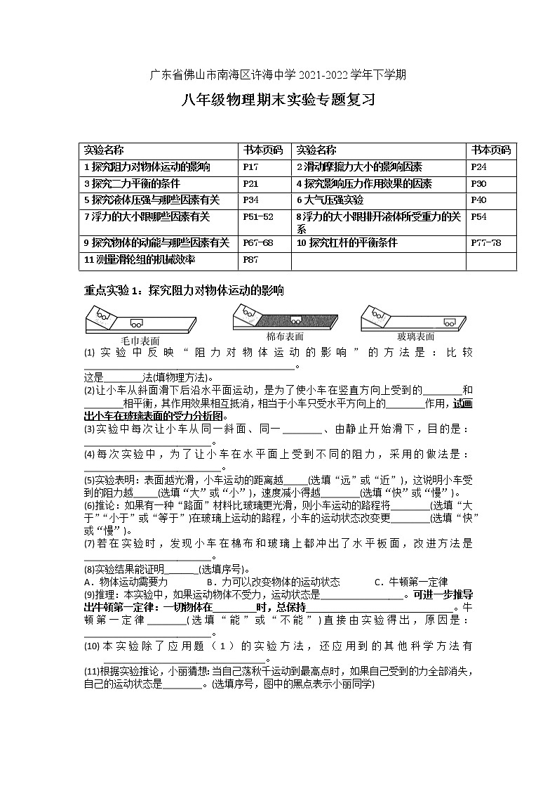 广东省佛山市南海区许海中学2021-2022学年下学期八年级物理期末实验专题复习（含答案）01