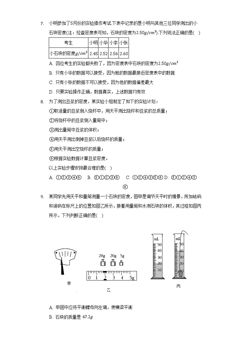 人教版初中物理八年级上册第六章《质量与密度》单元测试卷（较易)（含答案解析）02