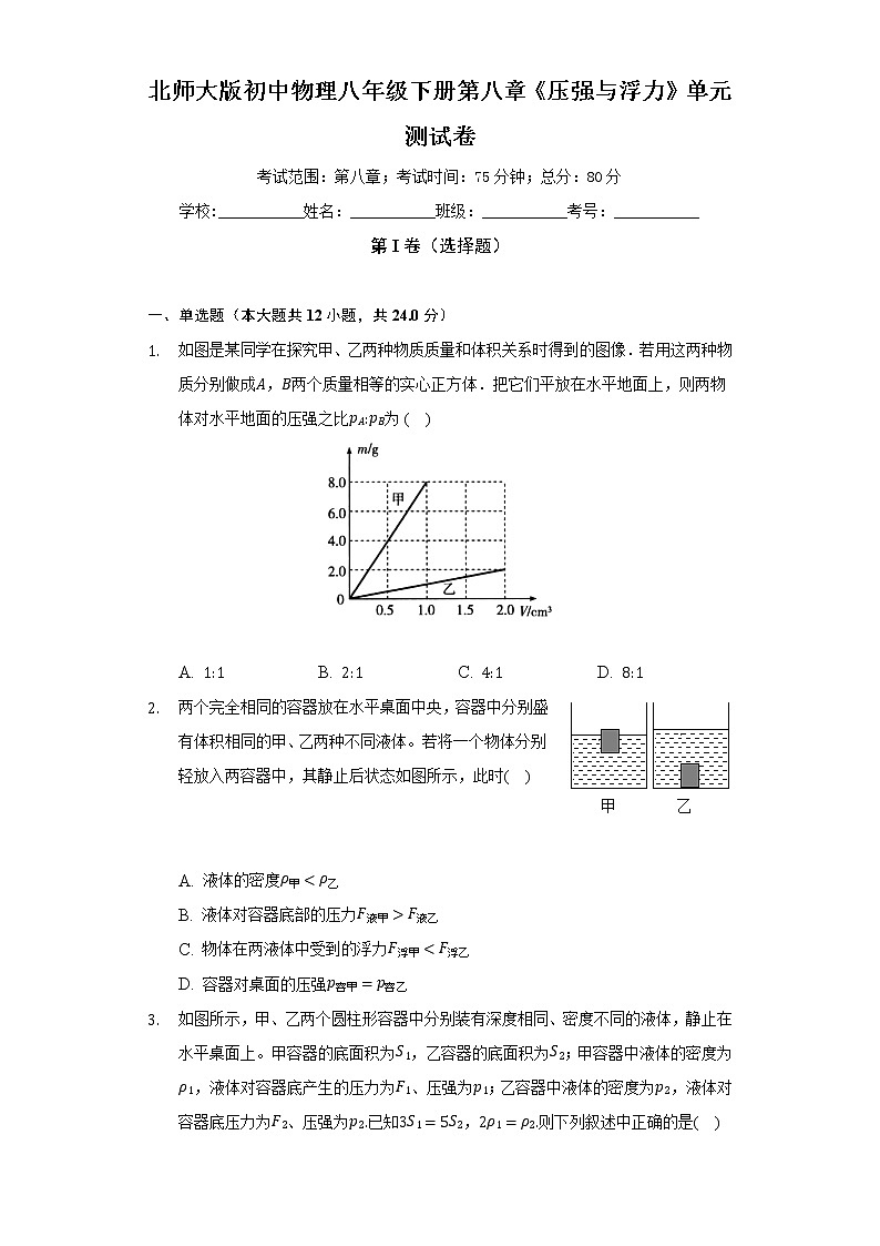 北师大版初中物理八年级下册第八章《压强与浮力》单元测试卷（标准难度）（含答案解析）01