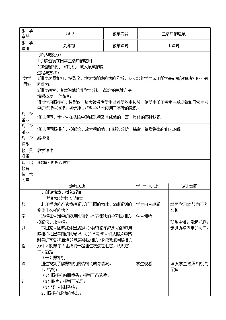2022年人教版八年级物理上册第5章第2节生活中的透镜教案 (1)第1页