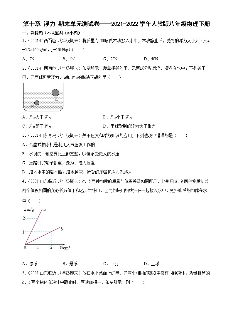 第十章+浮力+期末单元测试卷——2021-2022学年人教版八年级物理下册第1页