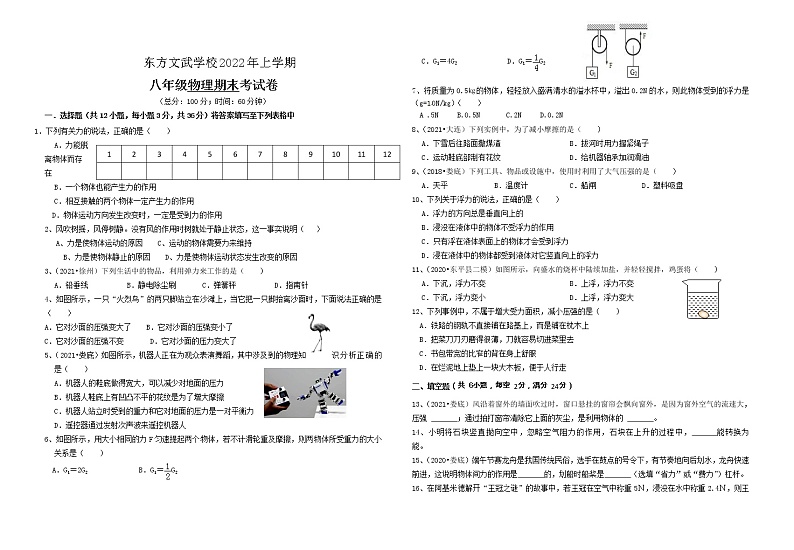 湖南省娄底市新化县东方文武学校2021-2022学年八年级下学期期末考试物理试题(word版含答案)01