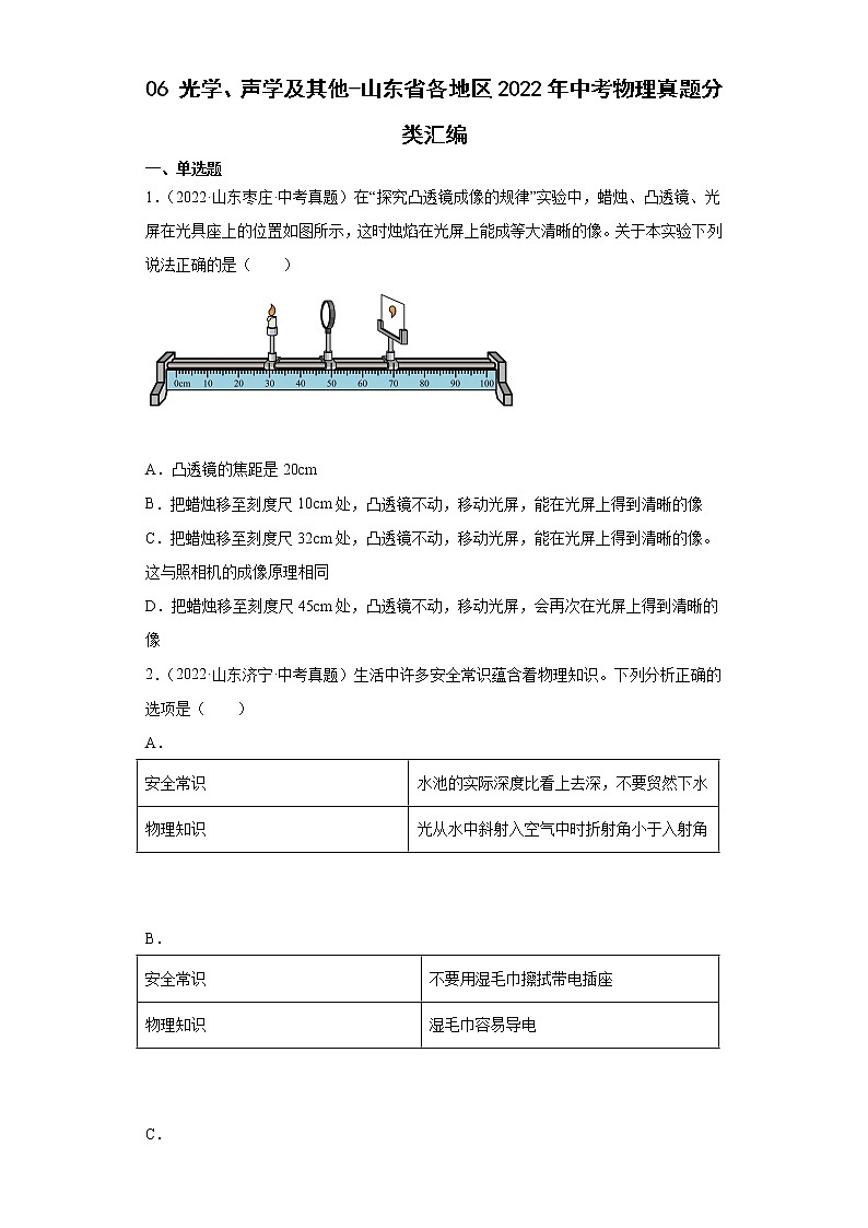 06光学、声学及其他-山东省各地区2022年中考物理真题分类汇编01
