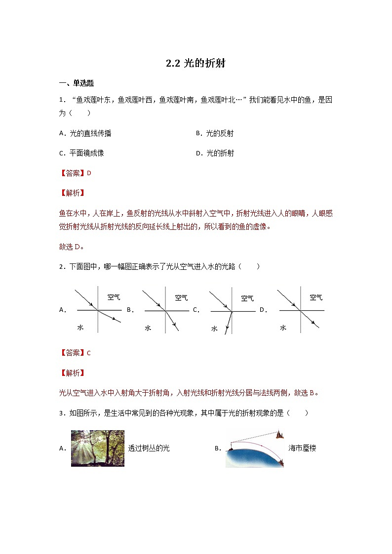 2.2光的折射 同步练习 （解析版）第1页