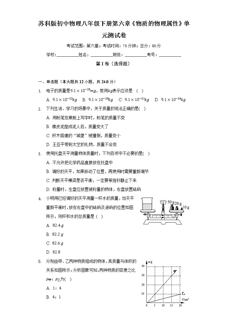 苏科版初中物理八年级下册第六章《物质的物理属性》单元测试卷（较易）（含答案解析）01