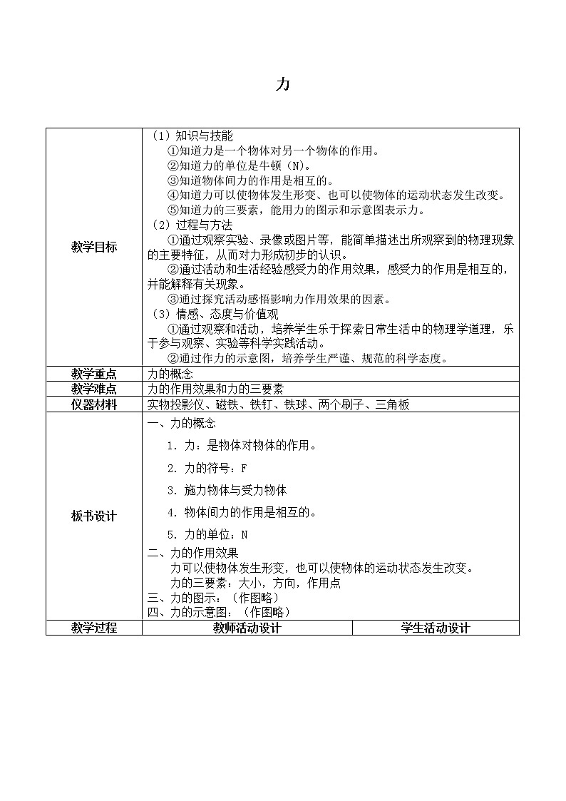 京改版八年级全册 物理 教案 3.1力01