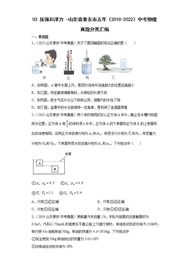03压强和浮力-山东省泰安市五年（2018-2022）中考物理真题分类汇编第1页