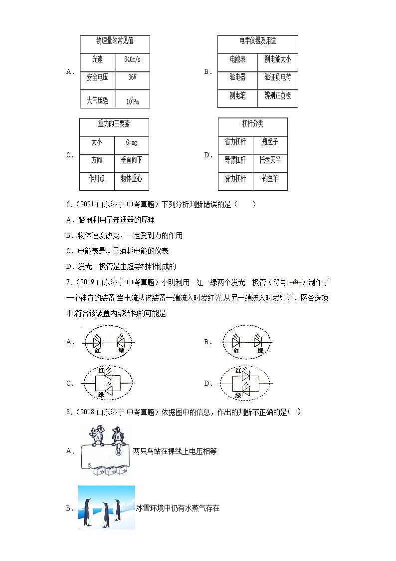 05电流电路电压电阻欧姆定律-山东省济宁市五年（2018-2022）中考物理真题分类汇编03