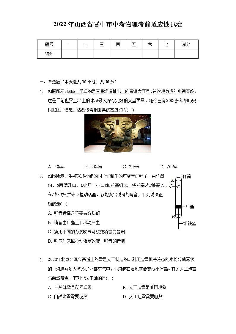 2022年山西省晋中市中考物理考前适应性试卷（含解析）第1页