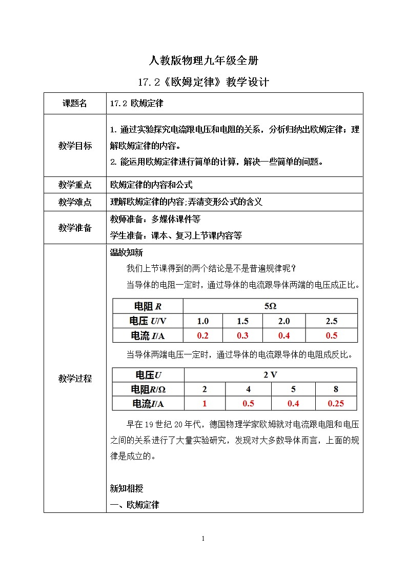 17.2 欧姆定律 同步精品课件（含素材）+教案+练习（含解析）01