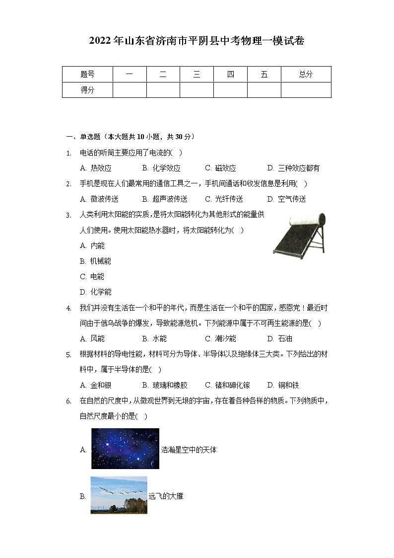 2022年山东省济南市平阴县中考物理一模试卷（含解析）第1页