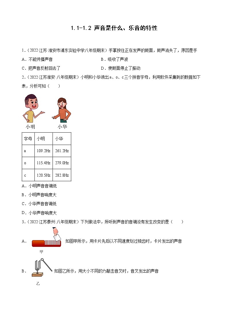 2021-2022学年八年级苏科版物理上学期1.1-1.2 声音是什么、乐音的特性 （期末试题分类选编）第1页
