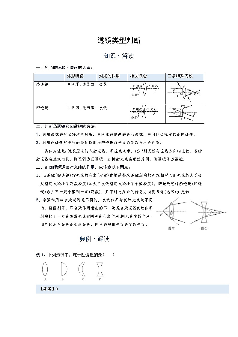 2024年通用物理中考微专题-透镜-5-1 透镜类型判断（含答案）01