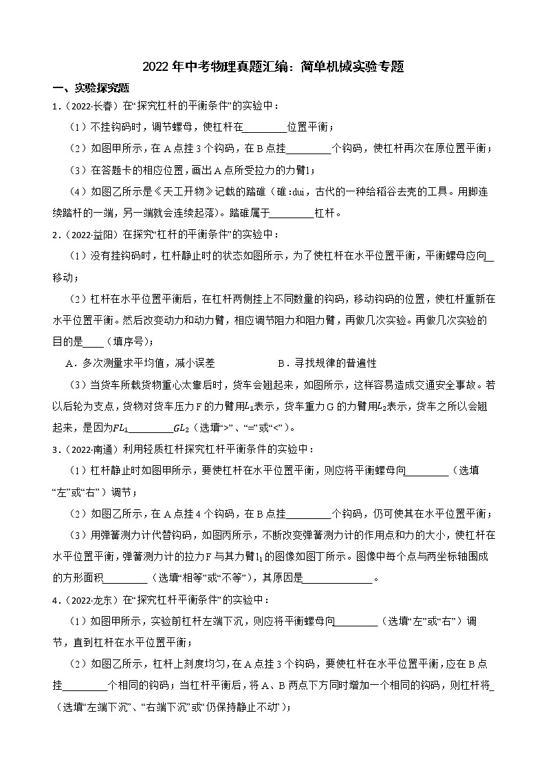 2022年中考物理真题汇编：简单机械实验专题及答案第1页