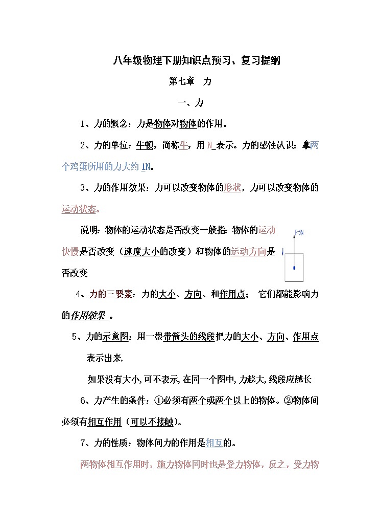 八年级物理下册知识点预习、复习提纲第1页
