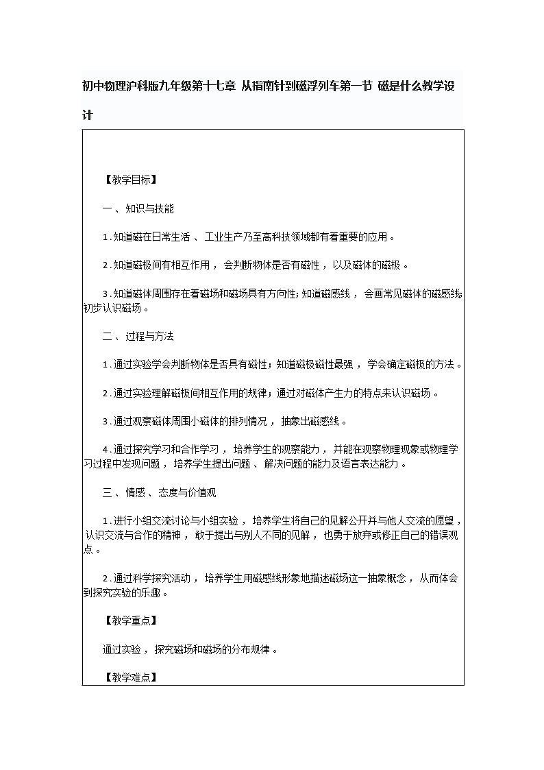 初中物理沪科版九年级第十七章 从指南针到磁浮列车第一节 磁是什么教学设计第1页