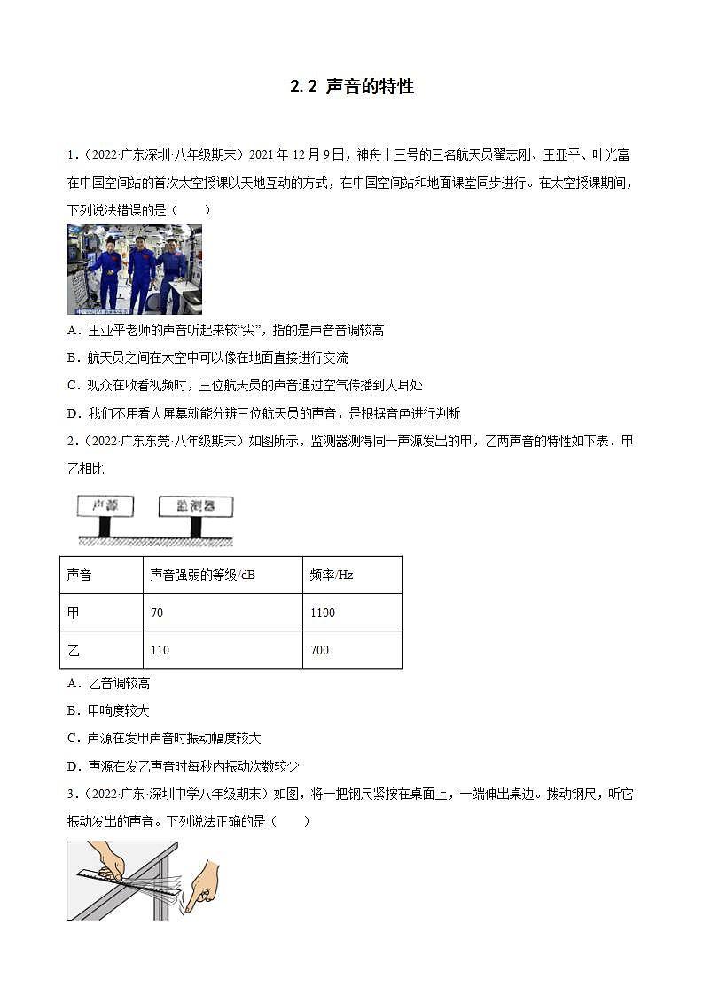2021-2022学年八年级上学期人教版物理--2.2 声音的特性 期末试题分类选编（广东省专用）01