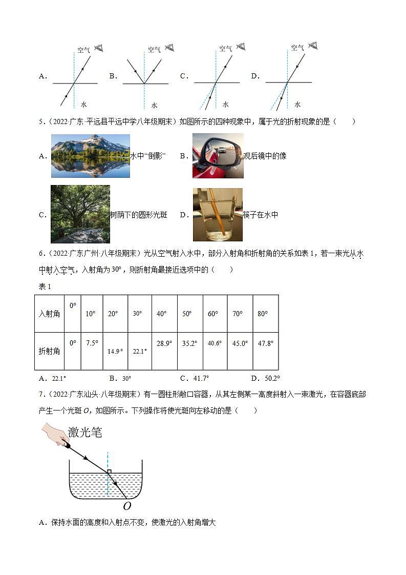 2021-2022学年八年级上学期人教版物理--4.4 光的折射 期末试题分类选编（广东省专用）02