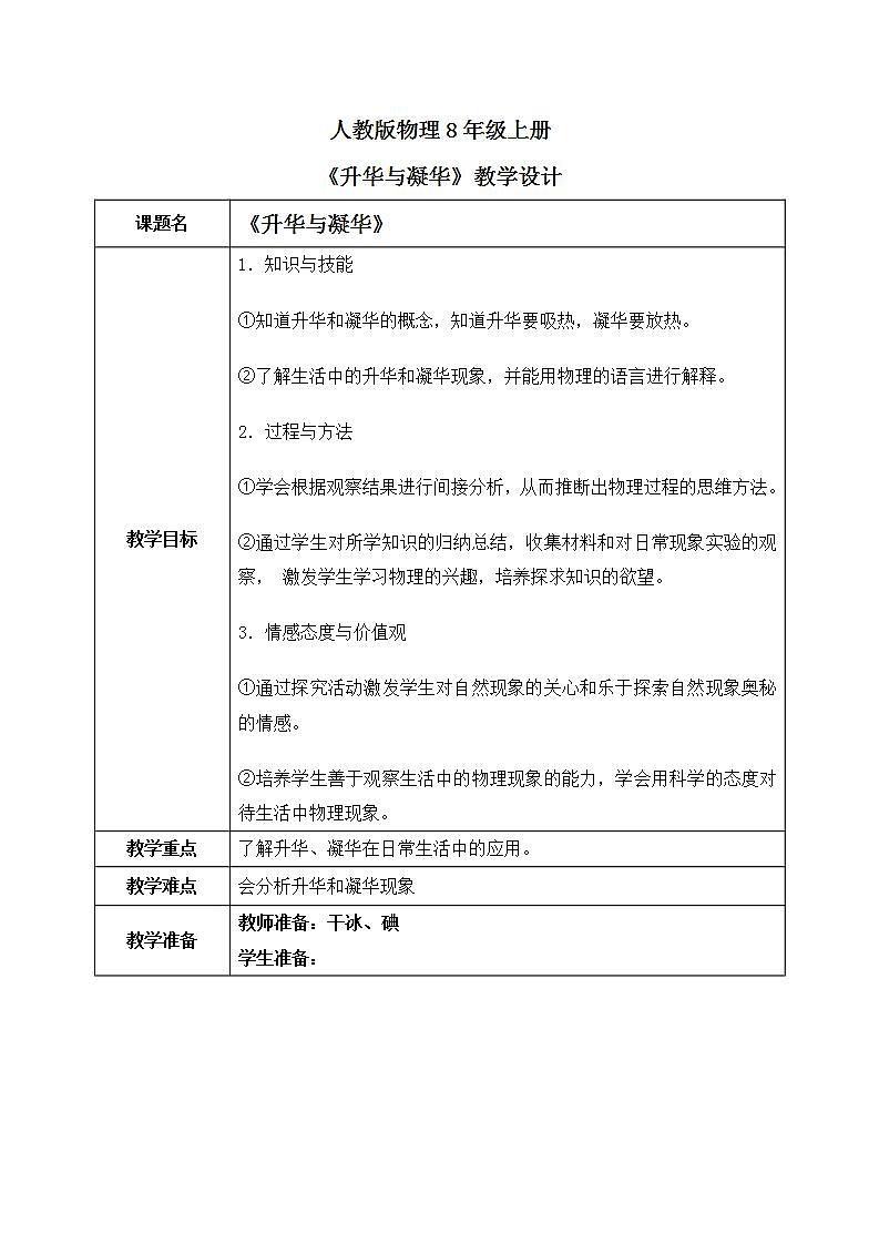 人教版8上物理第三章第4节《升华和凝华》课件+教案+同步练习01