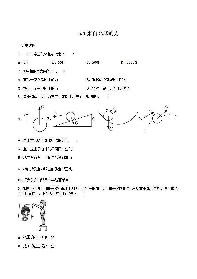 6.4来自地球的力 课件+作业八年级物理上册 沪科版八上物理01