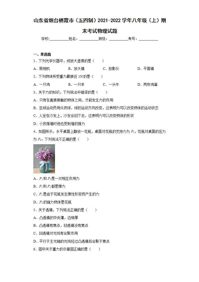 山东省烟台栖霞市（五四制）2021-2022学年八年级（上）期末考试物理试题(word版含答案)01