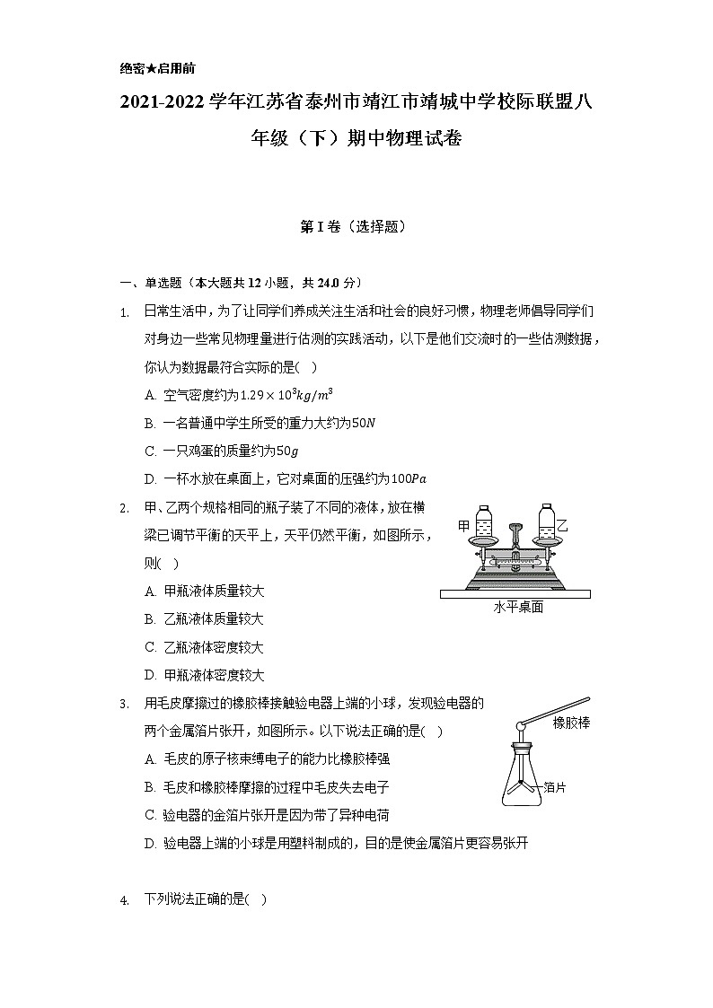 2021-2022学年江苏省泰州市靖江市靖城中学校际联盟八年级（下）期中物理试卷（含解析）第1页