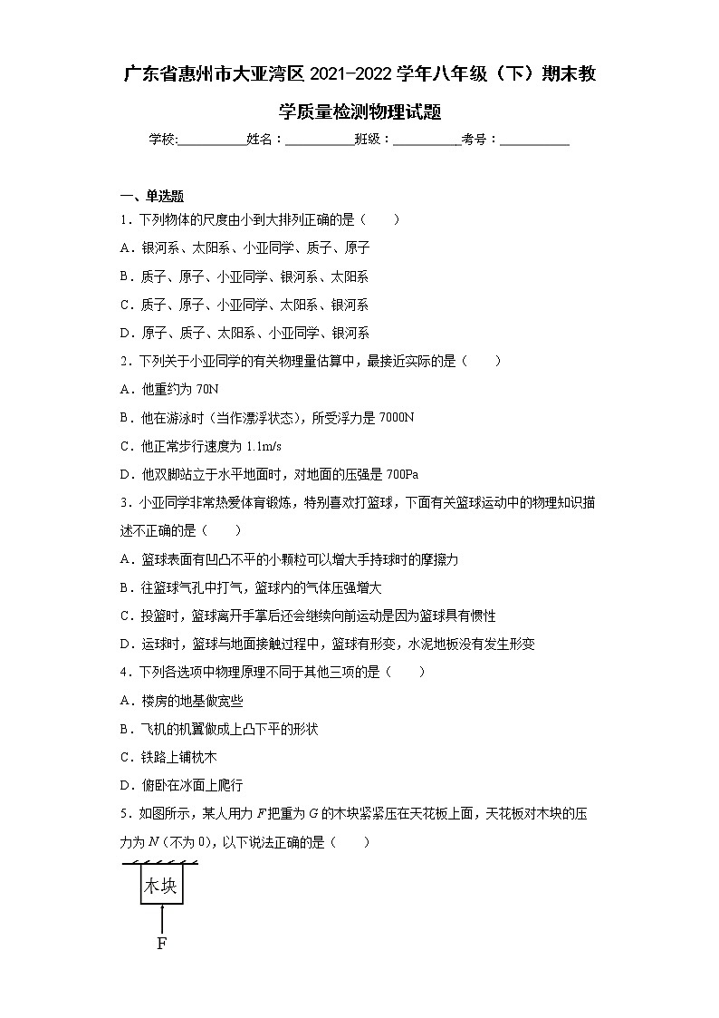 广东省惠州市大亚湾区2021-2022学年八年级（下）期末教学质量检测物理试题(word版含答案)01
