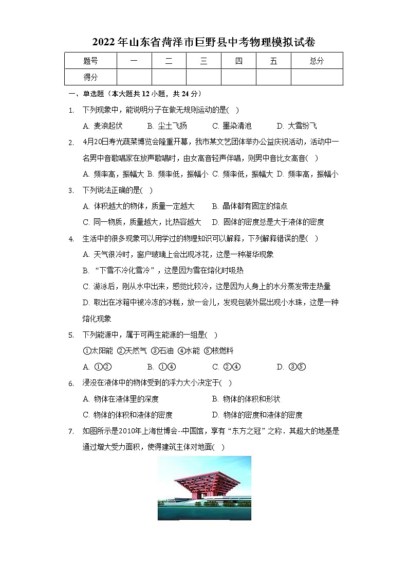2022年山东省菏泽市巨野县中考物理模拟试卷(word版答案)01