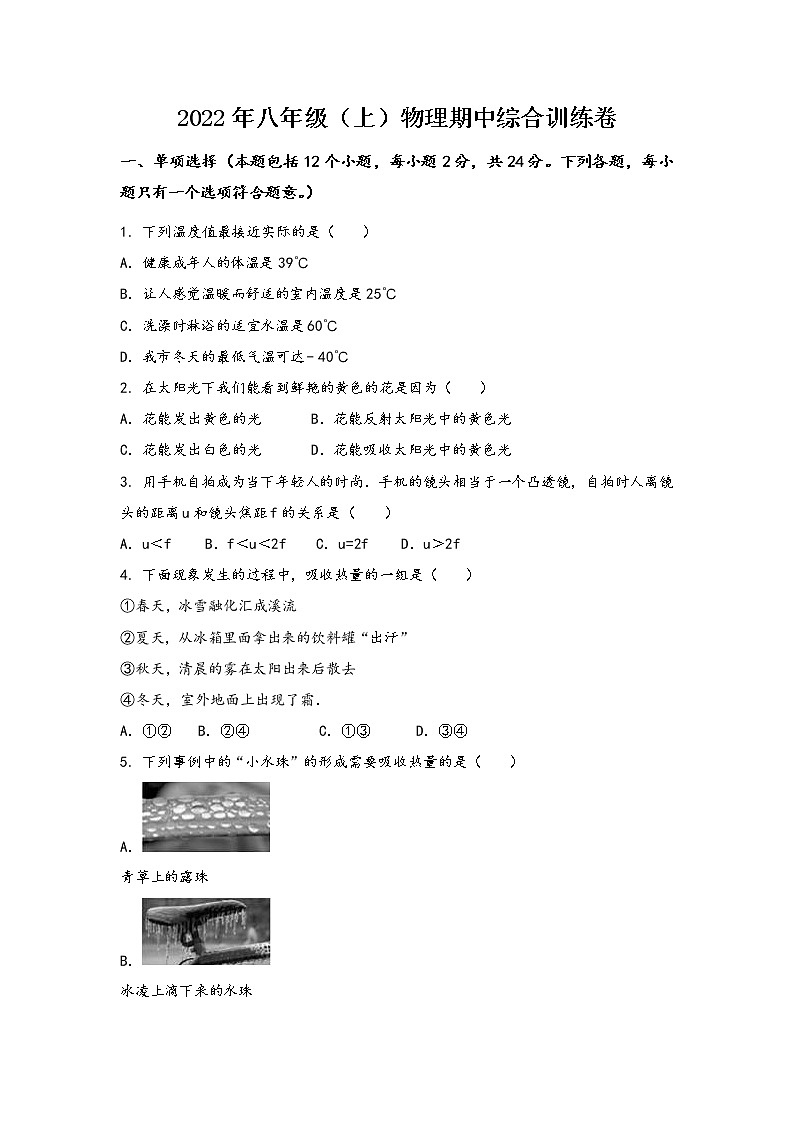 安徽省安庆市迎江区2022年八年级（上）物理期中综合训练卷(word版，含答案)01