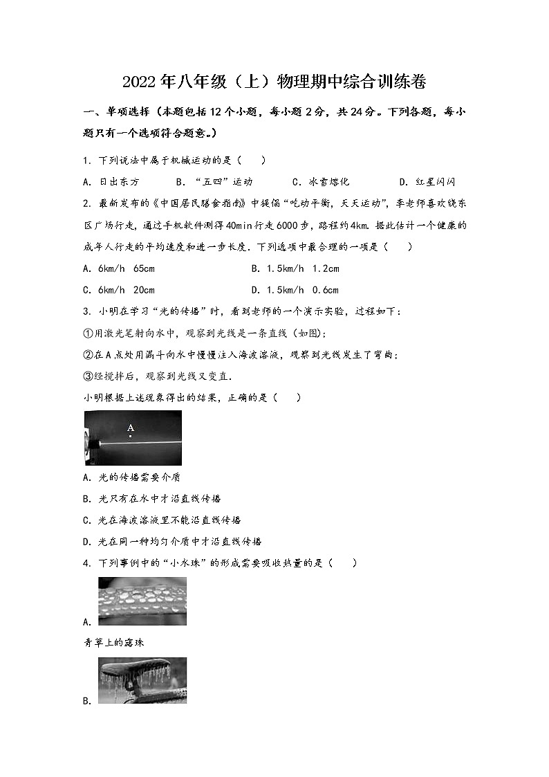 安徽省桐城市2022年八年级（上）物理期中综合训练卷(word版，含答案)第1页