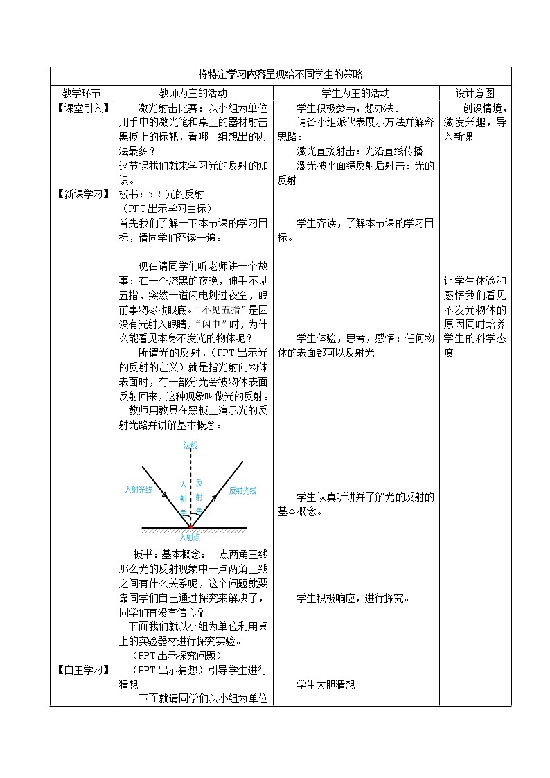 北师大版 八年级上册 光的反射 教学设计第2页