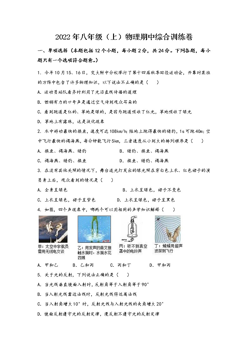 河南省郏县2022年八年级（上）物理期中综合训练卷(word版，含答案)第1页