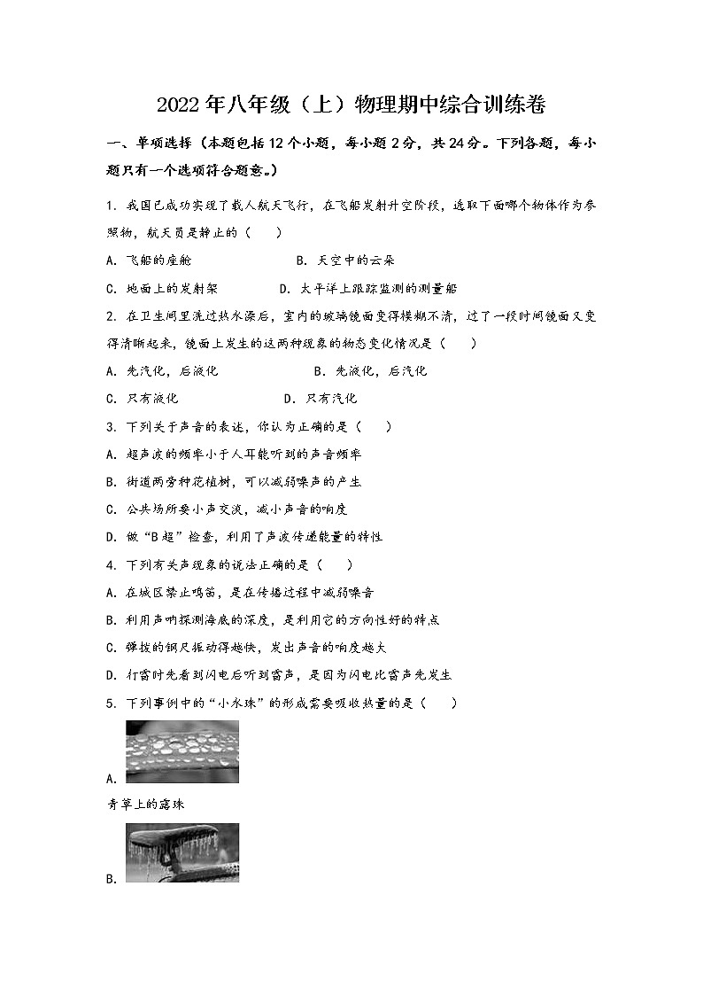 河南省滑县2022年八年级（上）物理期中综合训练卷(word版，含答案)01