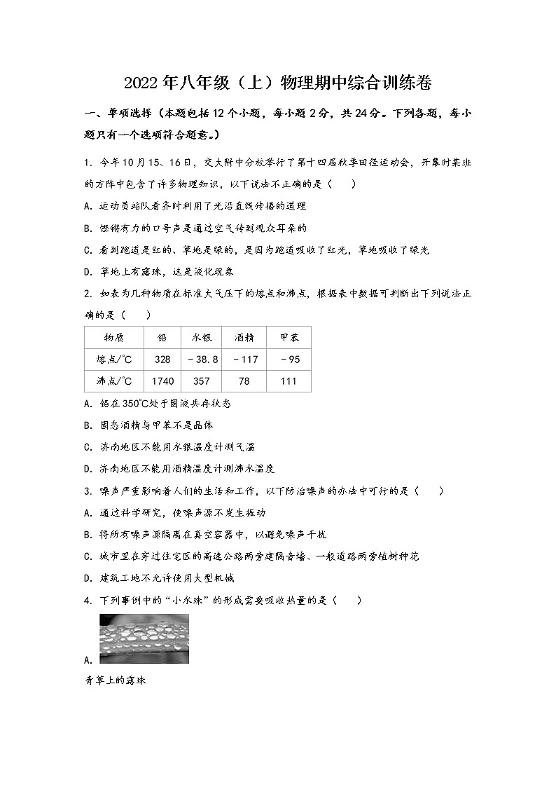 河南省开封市龙亭区2022年八年级（上）物理期中综合训练卷(word版，含答案)01