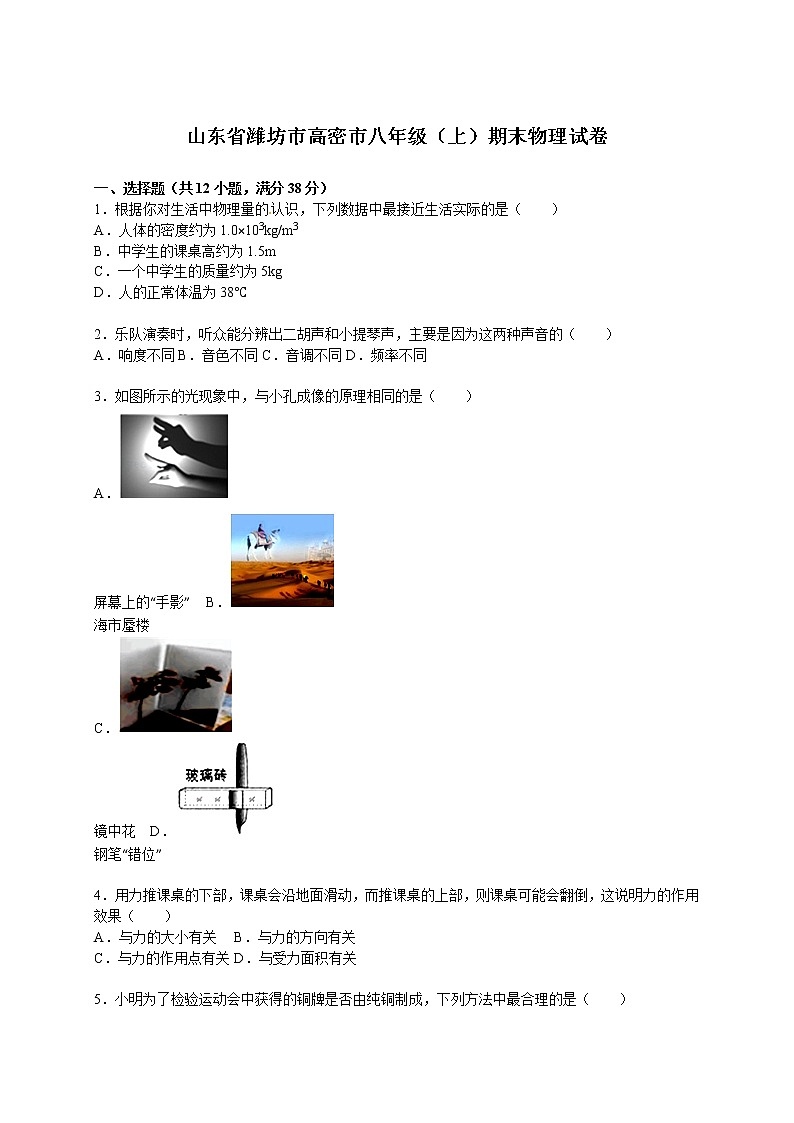 物理八年级上山东省潍坊市高密市八年级（上）期末物理试卷(WORD版，含解析)第1页