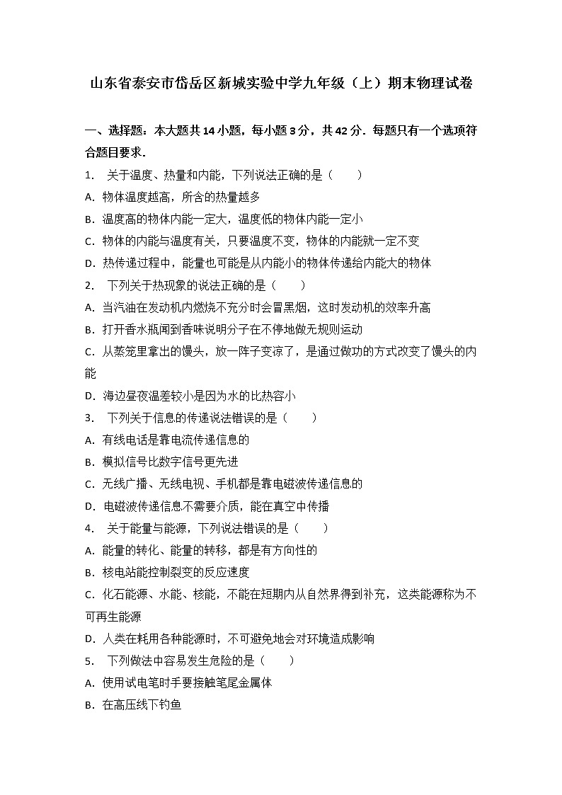 九年级物理山东省泰安市岱岳区新城实验中学九年级（上）期末物理试卷（含答案）01