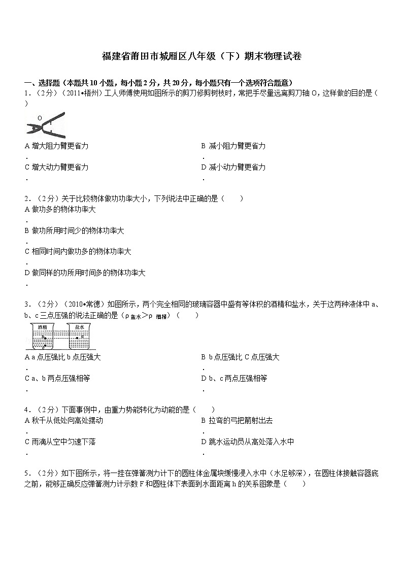 物理八年级下 福建省莆田市城厢区年级下学期期末考试物理试题（答案解析）01