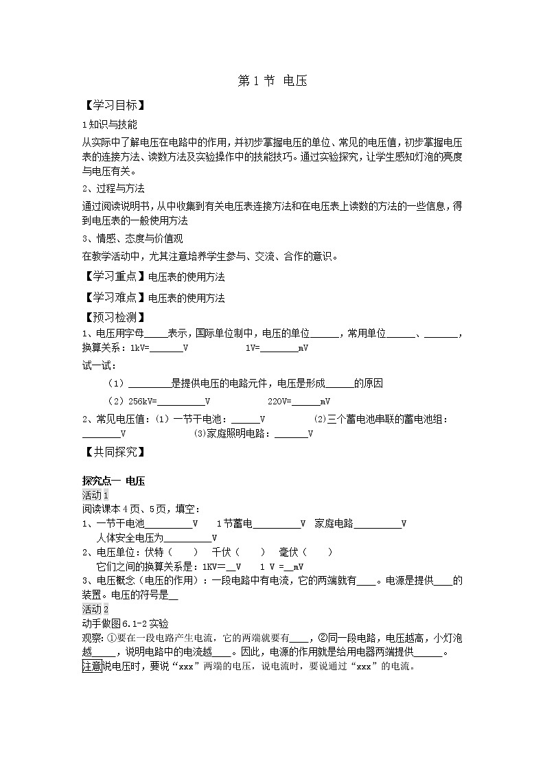 物理九年级上第十六章  电压  电阻第1节 电压精品学案01