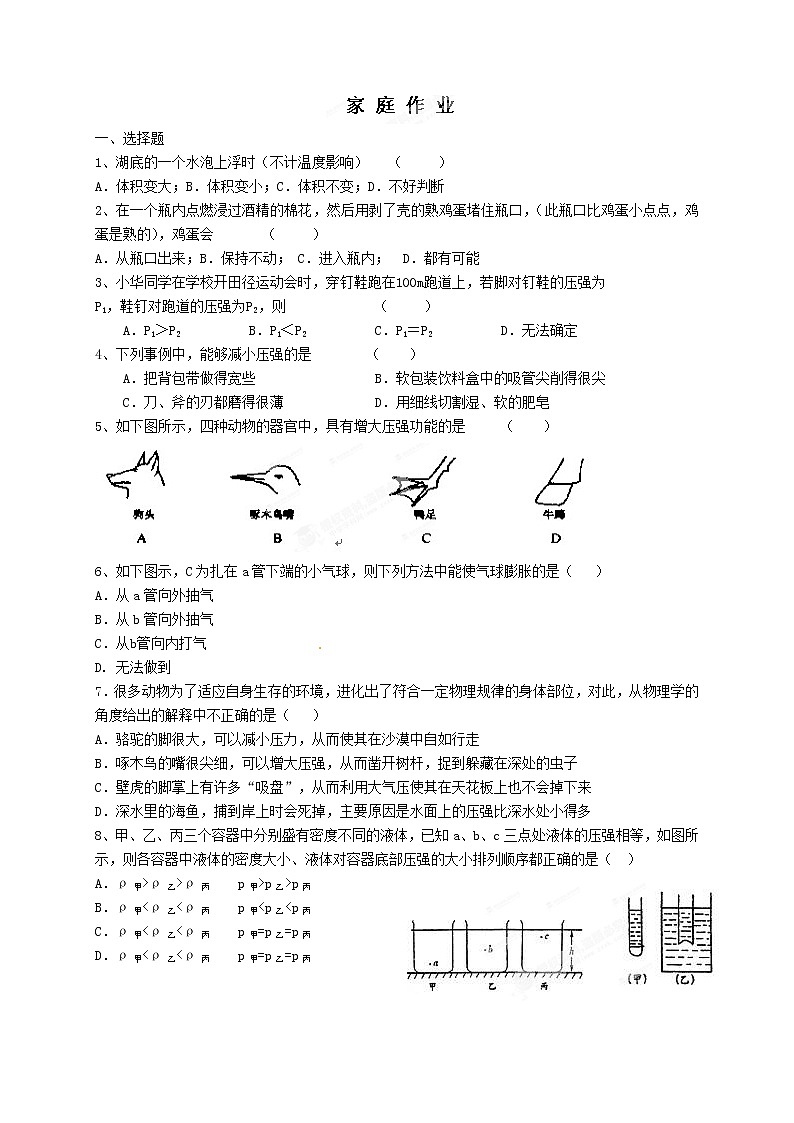 物理八年级下 湖北省武汉市北大附中武汉为明实验中学级物理家庭作业：压强第1页