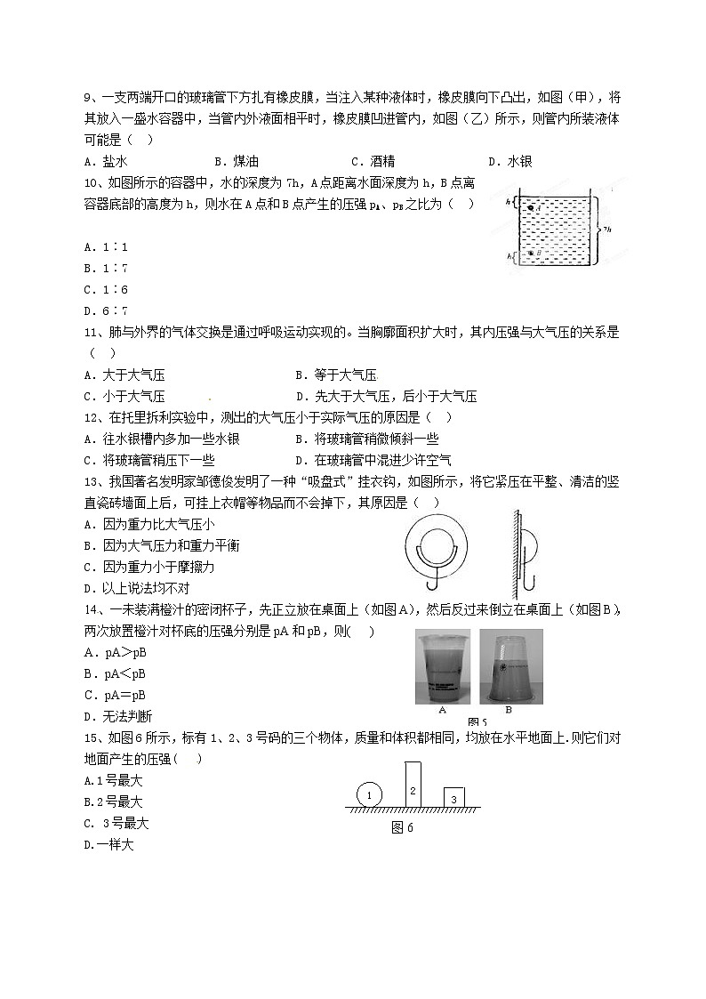 物理八年级下 湖北省武汉市北大附中武汉为明实验中学级物理家庭作业：压强第2页