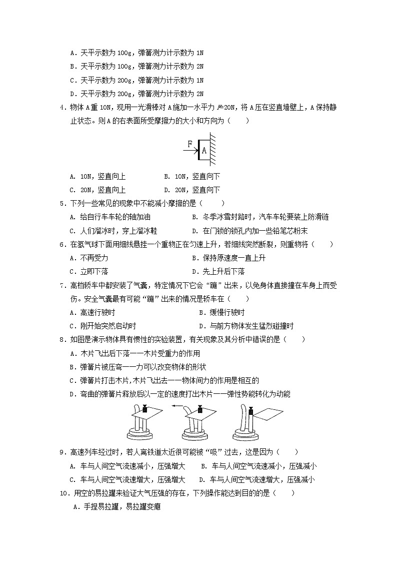 物理八年级下 河北省唐山市下学期初中级期末考试物理试卷(1)02