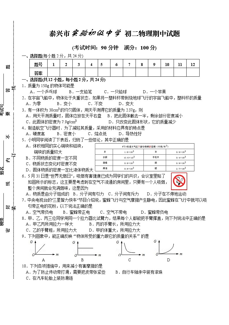 物理八年级下 江苏省泰兴市济川实验初中级下学期期中考试物理试题01