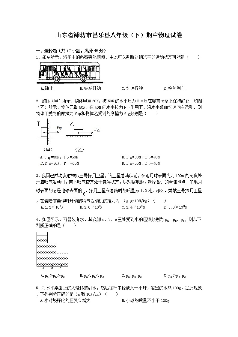 物理八年级下 山东省潍坊市昌乐县八年级（下）期中物理试卷（word版，含解析）第1页