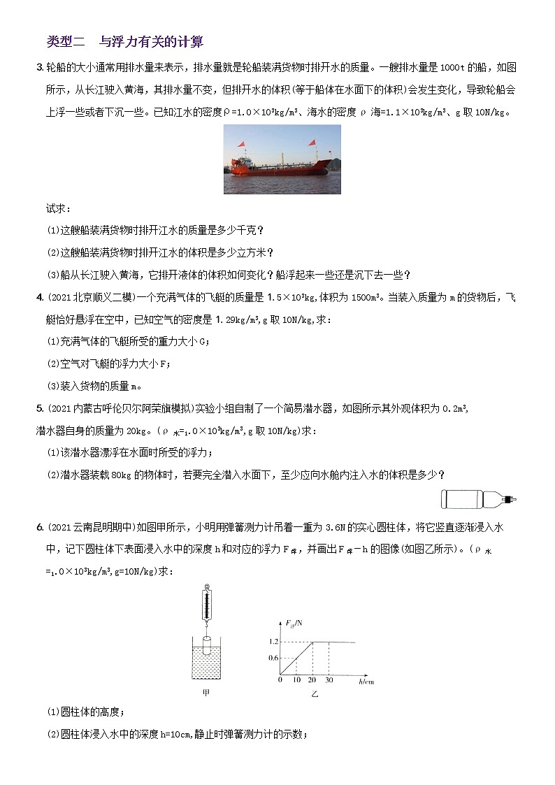 【2022年暑假精细复习 】  专项综合全练（二）浮力的应用与计算、浮力与压强的综合  人教版八年级物理复习02
