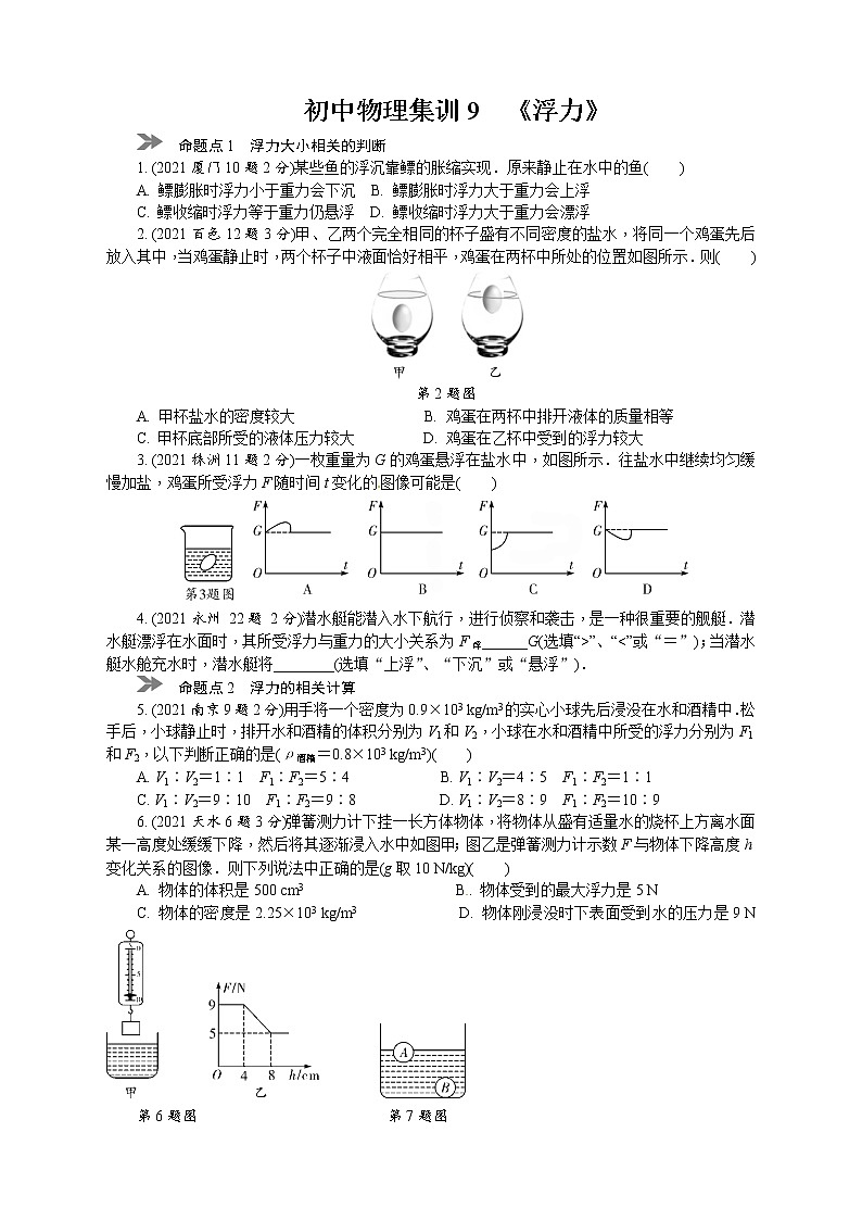 中考物理专题复习分类集训（真题版） 分类集训：9　浮力（含答案）01