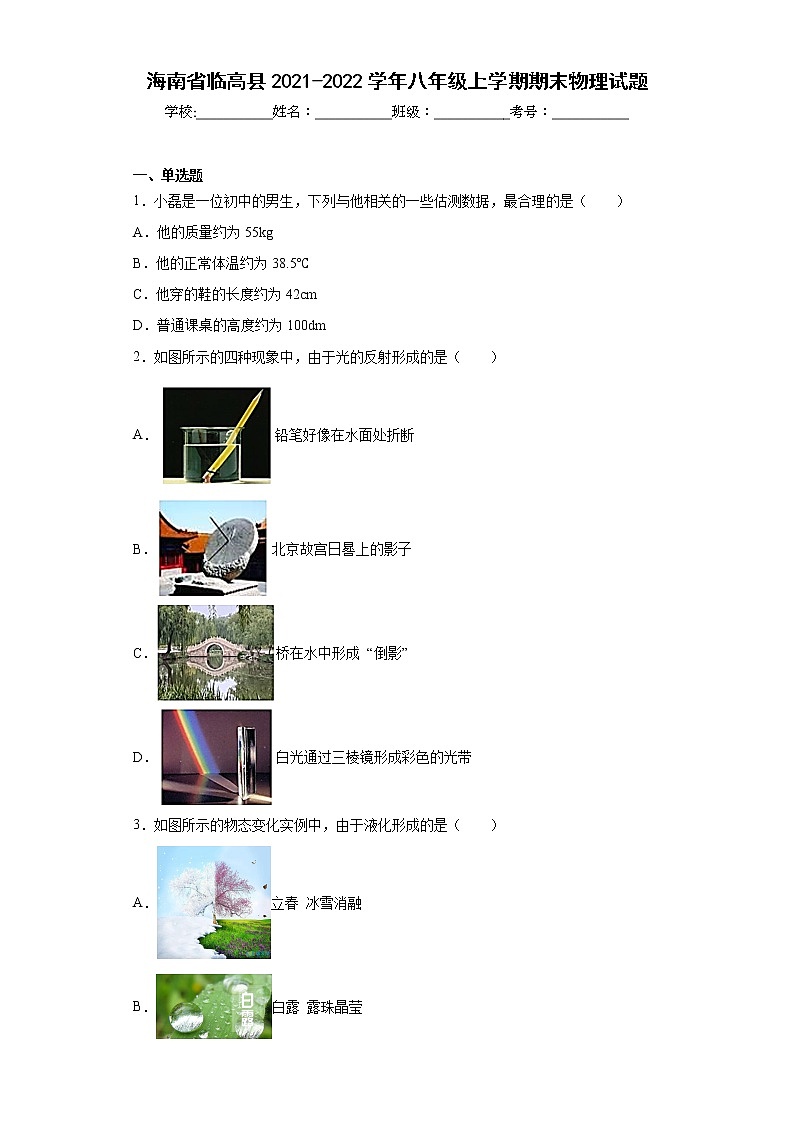 海南省临高县2021-2022学年八年级上学期期末物理试题(含答案)第1页