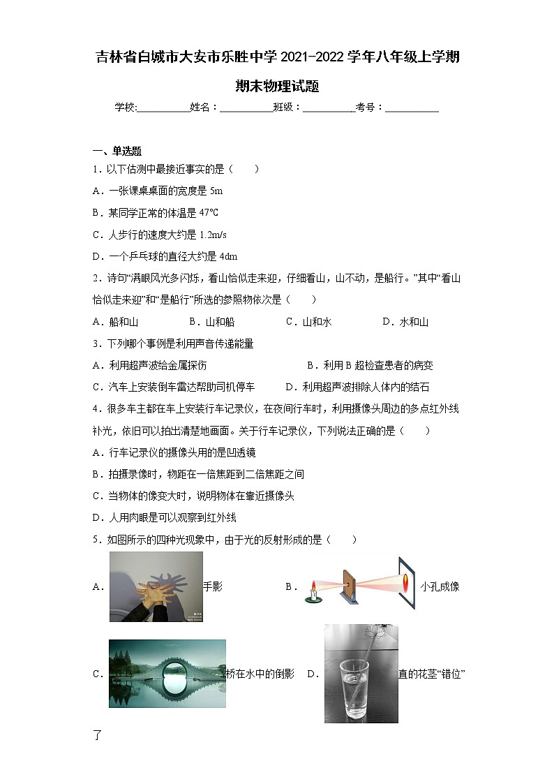 吉林省白城市大安市乐胜中学2021-2022学年八年级上学期期末物理试题(含答案)01
