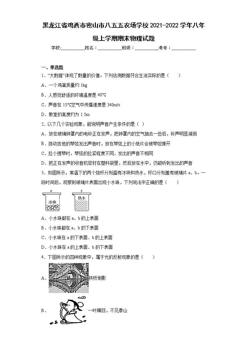 黑龙江省鸡西市密山市八五五农场学校2021-2022学年八年级上学期期末物理试题(含答案)01