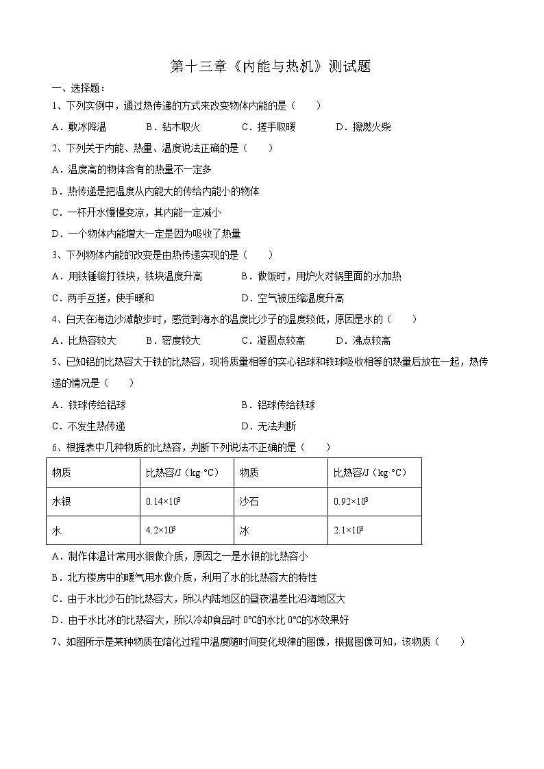第十三章内能与热机测试题  2022_2023学年沪科版九年级全一册物理(含答案)01