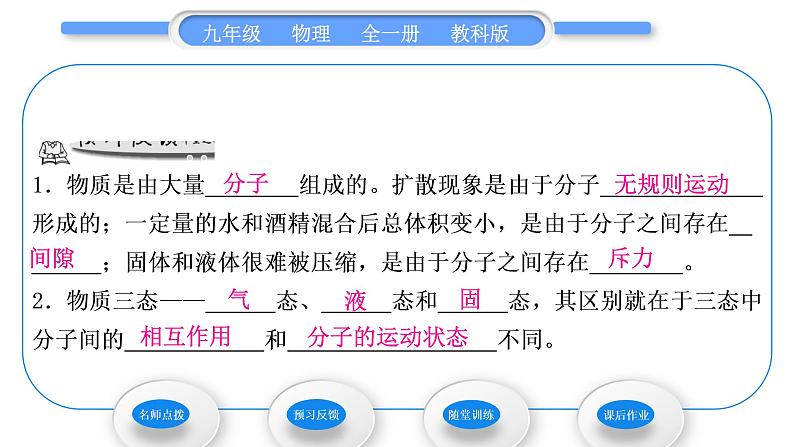 教科版九年级物理全册第一章分子动理论与内能1．1　分子动理论习题课件07